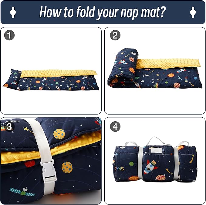 Bunnikins & Clover Toddler Nap Mat with Removable Pillow, Nap Mats for Preschool, Easy Clean Toddler Nap Pad for Kindergarten, Kids Sleeping Bag for Travel Camping