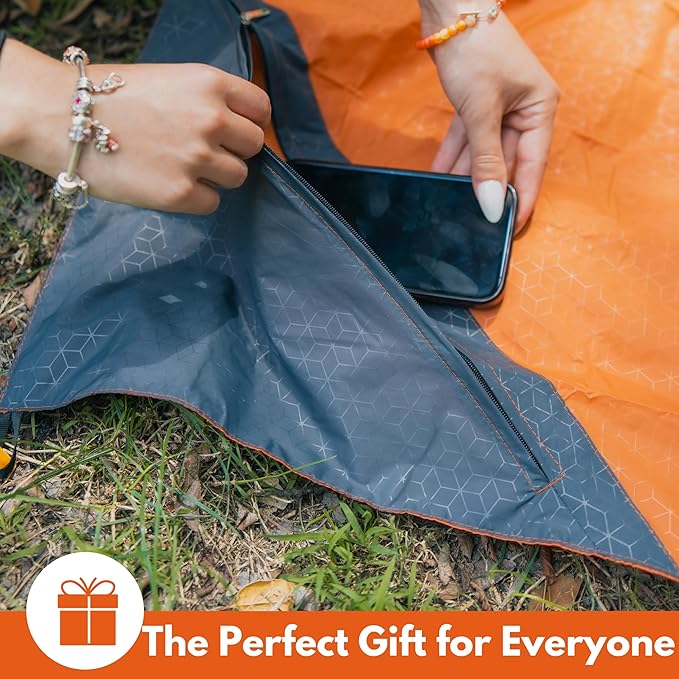 ECCOSOPHY Sand Proof Beach Blanket - Waterproof Picnic Blanket 60x55 Outdoor Compact Pocket Blanket Lightweight Ground Cover for Hiking Camping Festivals Sports Travel with Bag & Stakes (Terracotta)