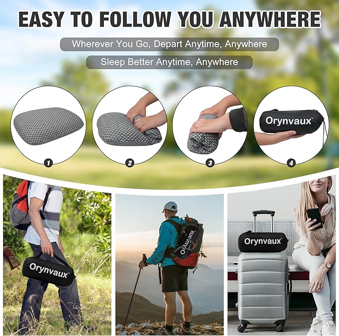 Memory Foam Camping Pillow, Portable Travel Pillow with Breathable Detachable Pillowcase, Compact & Lightweight for Camping, Hiking, Backpacking, Airplane Travel, Includes Storage Bag