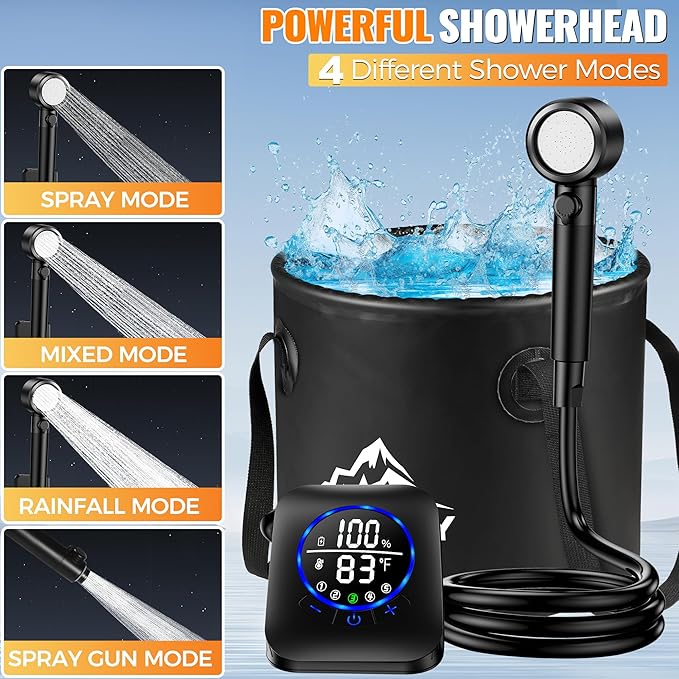 Portable Shower for Camping, 8000mAh Rechargeable Camping Shower Pump with XL Foldable Bucket, IPX8 Waterproof, Surrounding Water Inlet, 5 Pressure Modes Outdoor Shower Pump for Hiking, Travel, Pet
