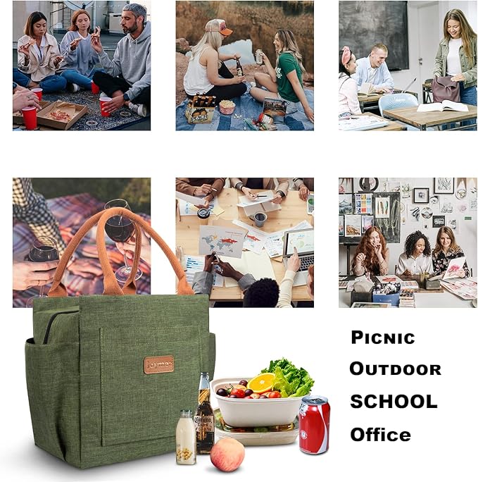 Joymee Lunch Bag Women Insulated Lunch Box Reusable Leakproof Large Spacious Cooler Tote for Womens Mens Adults with Bottle Holder and Side Pockets for Work Office Travel Picnic - Green