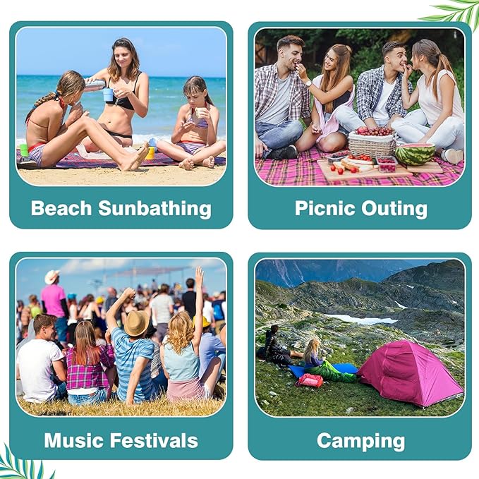 WERNNSAI Beach Blanket - Large Beach Mat 83’’x 79’’/ 6.5Ft x 7Ft for 1-4 Adults Waterproof Sandproof with 4 Stakes Pockets Quick Dry Lightweight Green Plant Pattern Picnic Mat for Beach Party Camping