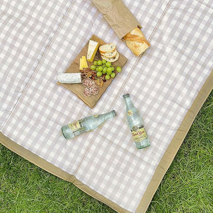 Little Unicorn Outdoor Family Picnic & Beach Blanket, Water-Resistant, Compact Fold, 5 x 5 feet, (Beige Buffalo Check)
