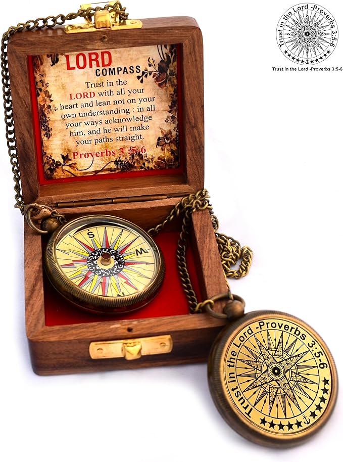 Trust in The Lord with All Your Heart -Proverbs 3: 5-6 Quote Engraved Compass with Wooden Box, Birthday, Baptism, Communion, Christmas, Graduation Day Gifts 2025 Compass for Women Mens Boy Girls