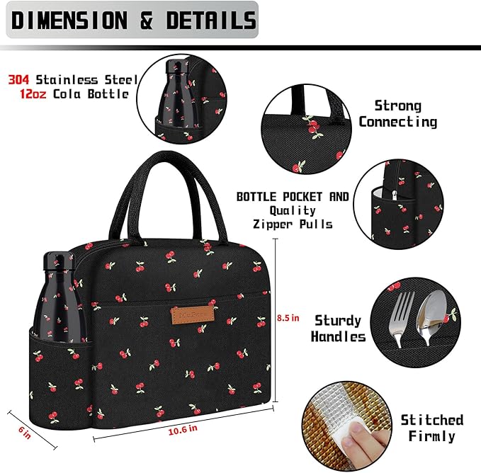Cute Lunch Bag Women With Placemat and Water Bottle,Insulated Lunch Box for Women,Placemat Keep Clean and Hygienic Durable Leakproof Thermal High Capacity for Travel Picnic Insulated Lunch Bag