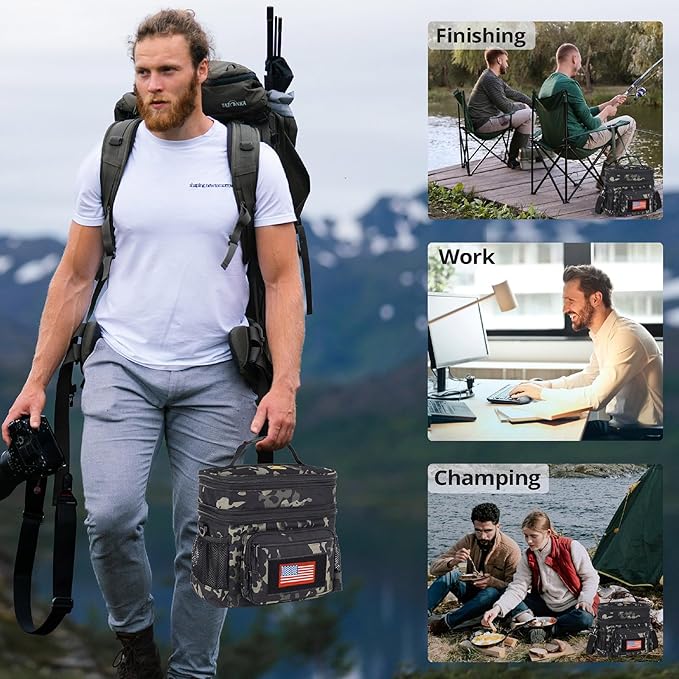 ATRIPACK Lunch Bag for Men, Double Deck Tactical Lunch Box Work with Shoulder Strap MOLLE Webbing Large Lunch Cooler Leakproof Insulated (Camo-Black)