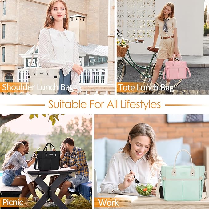 MAXTOP Lunch Bag Women for Work Insulated Thermal Lunch Box for Men with Wide-Open Pocket Reusable Leakproof Cooler Bags with Removable Shoulder Strap for Teacher Nurse Office Picnic Travel Black