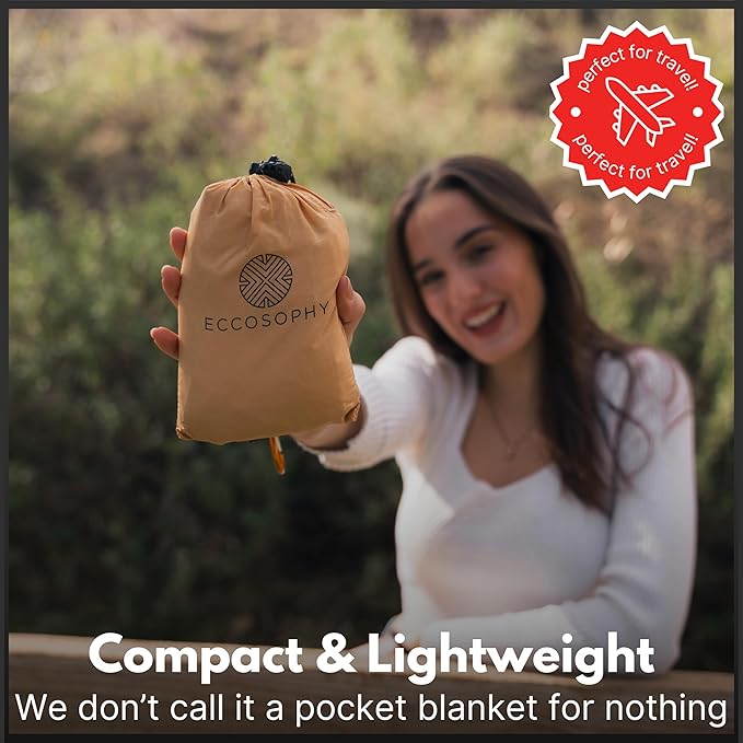 ECCOSOPHY Sand Proof Beach Blanket-Waterproof Picnic Blanket 60x55-Outdoor Compact Pocket Blanket-Lightweight Ground Cover for Hiking, Camping, Festivals, Sports, Travel-with Bag & Stakes (Caramel)