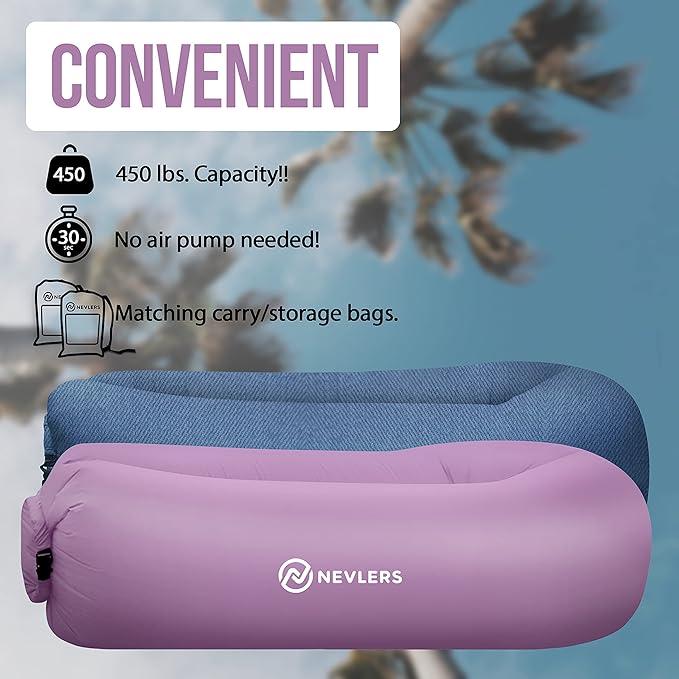 Nevlers 2 Pack Inflatable Loungers Air Sofa Couch | Perfect for Beach Chair Camping Chairs or Portable Hammock |Travel Bag Pouch, Pegs & 3 Pockets| Movie Seating & Camping Accessories Blow Up Lounger