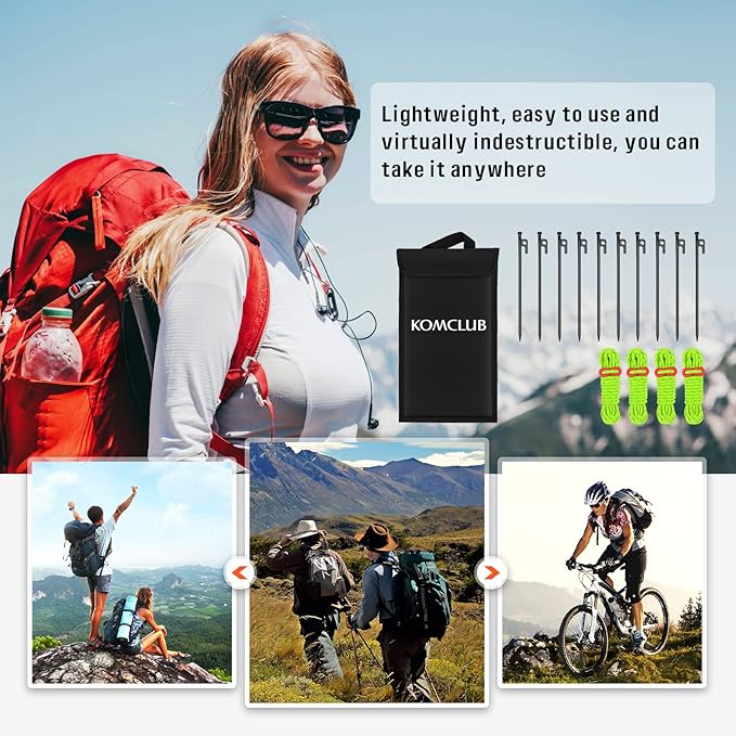 KOMCLUB 10PCS Tent Stakes Heavy Duty Tent Pegs Metal Tent Pegs Canopy Stakes Ground Stakes Spike Steaks for Outdoor Camping Tents Garden Canopies Grassland with Storage Bag and Reflective Guy Lines