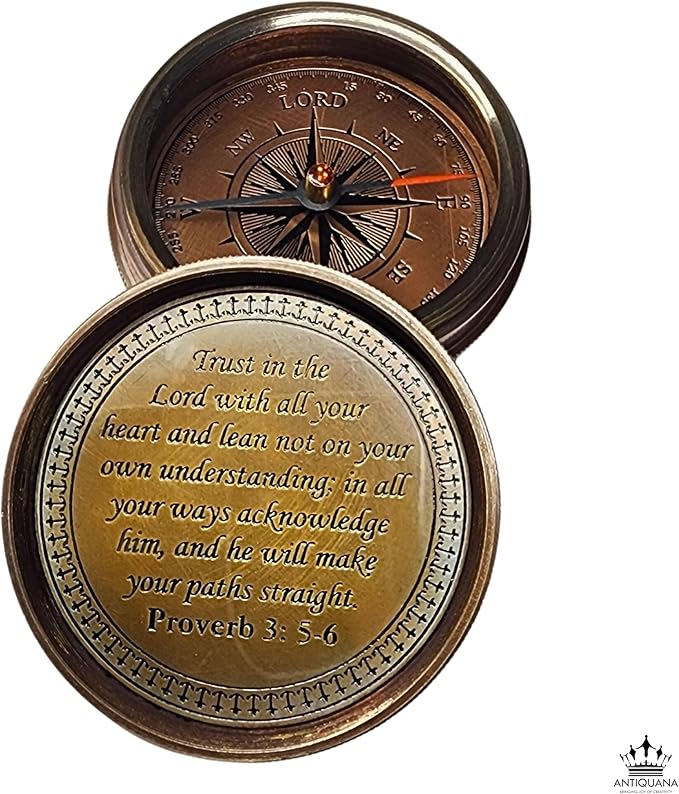 Trust in The Lord with All Your Heart - Proverbs 3:5-6 Quote Engraved Compass with Wooden Box or Leather case, Greeting Card, Gift Compass, Graduation Day Gifts 2025 for Women Men Boys Girls