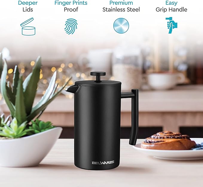 French Press Coffee Maker 34 Oz - Insulated Coffee Press Stainless Steel 304 - Double Wall & 4 Level Filtration System (1 Liter) - Black