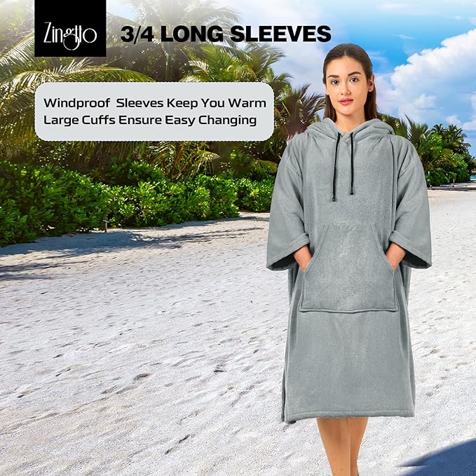 Surf Poncho Changing Robe, 3/4 Sleeve Extra Large Thick Hoodie Towel Poncho for Men Women Beach Swimming, 39"x33", Gray