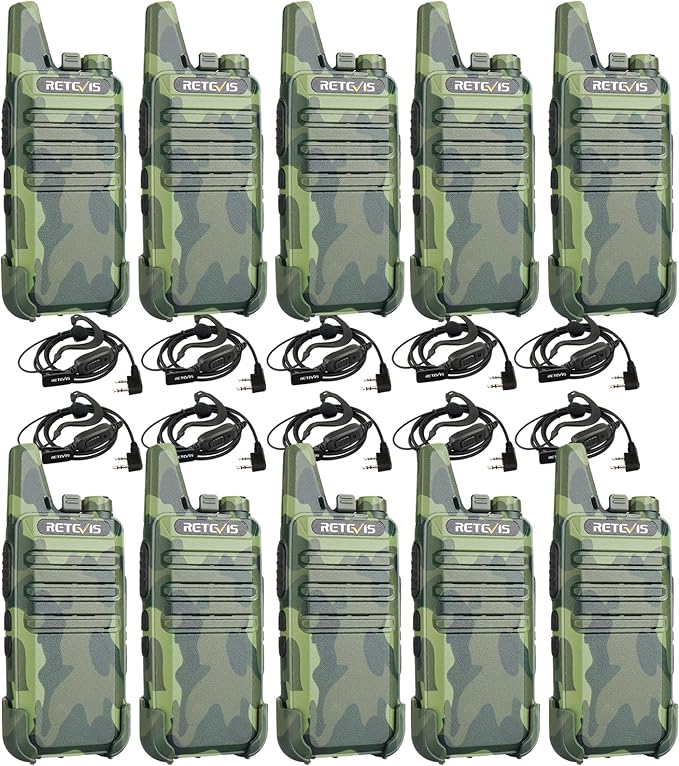 Retevis RT22 Walkie Talkies with Earpiece, Portable FRS Two-Way Radios, Camouflage, Compact, Lightweight, VOX Hands Free, Handheld 2 Way Radio with Headsets(10 Pack)