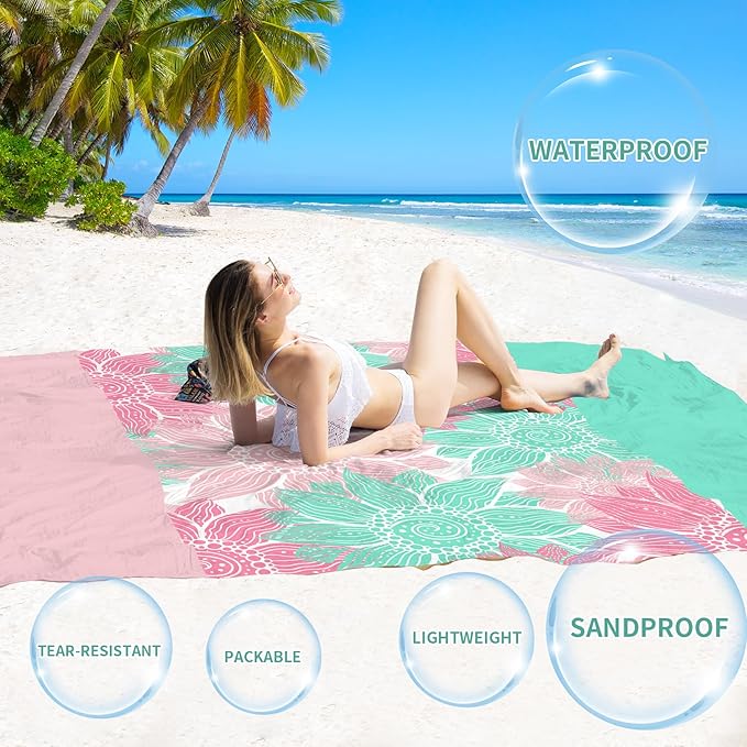 BYDOLL Beach Blanket Sandproof Waterproof 78''×110'' 1-7 Adults Compact Lightweight Oversized Beach Blanket Large Picnic Mat Beach Blanket for Travel Camping Hiking Picnic