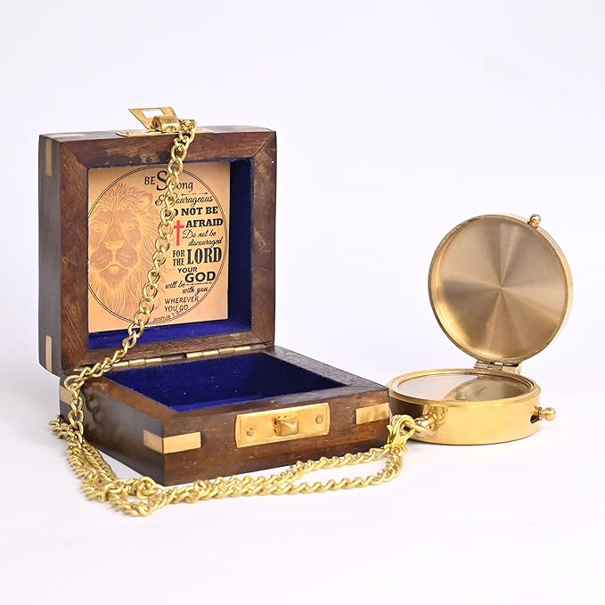 Brass Compass Engraved with Religious Scripture Verse (Joshua 1:9) - Perfect for Baptism, Confirmation, Communion - Ideal for Godson, Church, Graduation - Presented in Wood Box