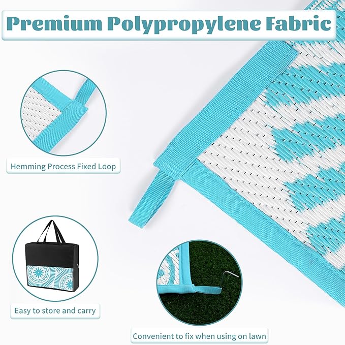 Ileading Large Plastic Outdoor Rug 8x10ft Modern Geometric Style Reversible Patio Area Rugs Waterproof Non Shedding Portable Carpets for Rv Outside Deck Pool Beach Picnic Camping (Teal)