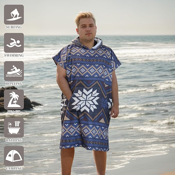 Rainleaf Surf Poncho Changing Towel Quick Dry Pool Swim Beach Towel with Hood and Front Pocket Warm and Soft Microfiber RobeTowel for Women and Men-Geometric Violaceous
