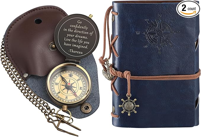 Kanayu 2 Pcs Compass Graduation Gift Compass with Stamped Leather Case and Leather Journal Notebook High School College Graduation Gifts for Him