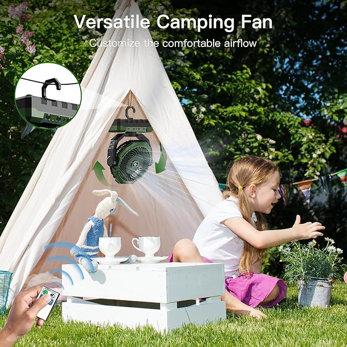 FRIZCOL 3-in-1 Camping Fan - Portable Fans Rechargeable - 12000mAh 9-Inch Battery Powered Fan(70Hrs) with Light & Remote for Indoor, Outdoor, Tent, Travel, BBQ, Fishing, Jobsite - Green