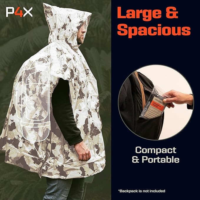 PREPARED4X Emergency Rain Poncho with Mylar Blanket Liner - Survival Blankets for Car - Heavy Duty, Waterproof Camping Gear