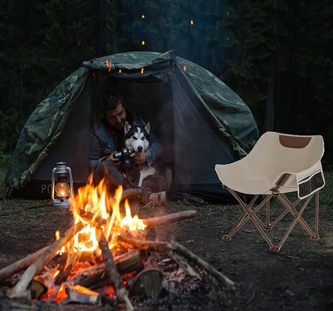 Portable Lightweight Camping Chair, Foldable Chair with Carry Bag and Side Pocket, Compact Outdoor Chair for Camping Hiking Fishing Beach Picnic (Khaki)