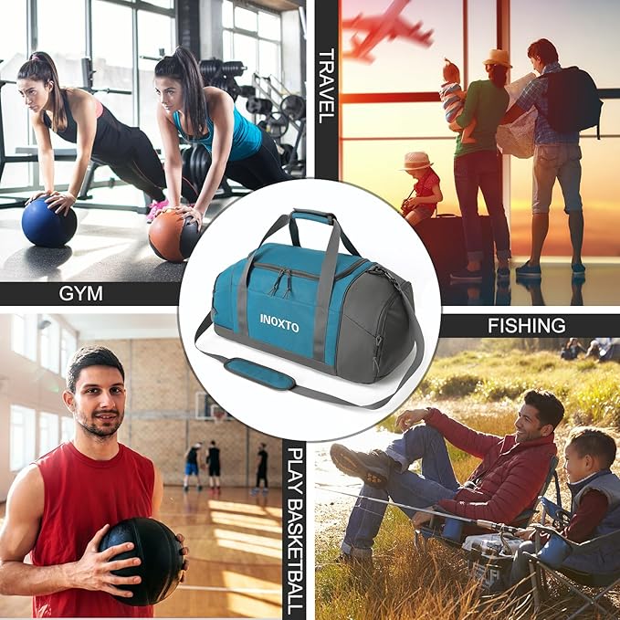 Sports Gym Bag,INOXTO Travel Duffel Bag with Dry Wet Pocket And Shoe CompartmentFor Women and Men,40L/55L Fitness Waterproof Weekender Bag For Swim Sports Travel Working Out (Blue White, 55L)