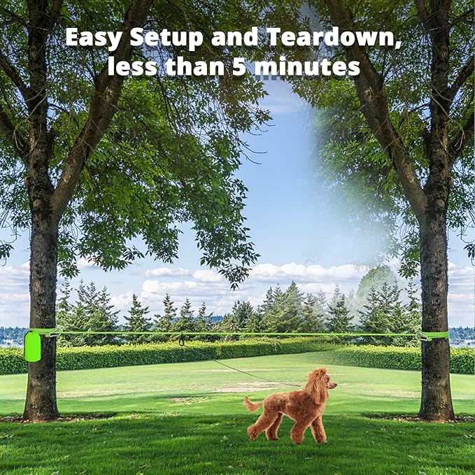 Dog Tie Out Cable for Camping - 50ft/70ft/100ft Portable Reflective Overhead Trolley System for Dogs up to 300lbs - Dog Lead for Yard Camping | Parks | Outdoor Events Green