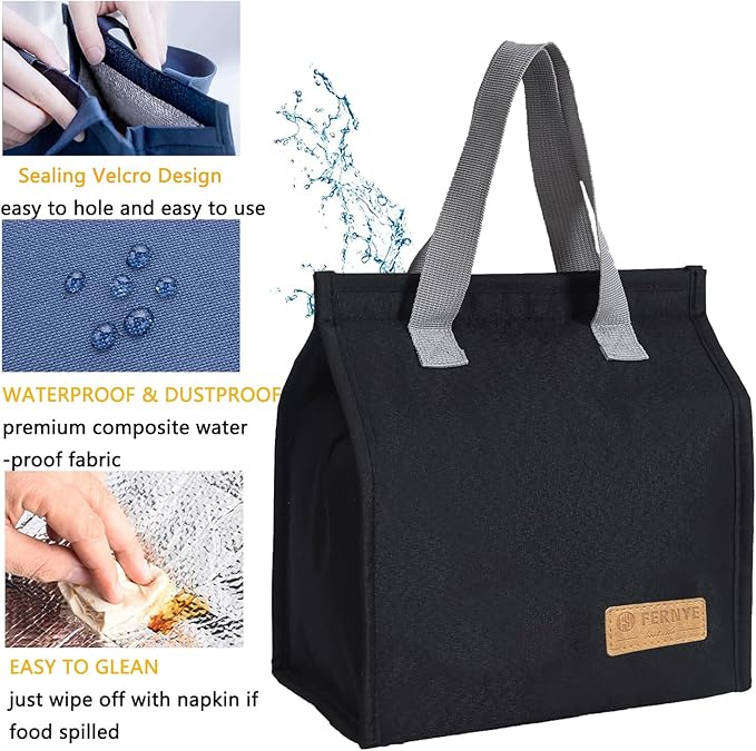 Lunch Bag for Women/Men,Waterproof Reusable Portable Lunch Tote,Lunch Box Bag.Thermal Cooler Bag Ideal for Work/Party/l/Travel/Picnic (Light Black)