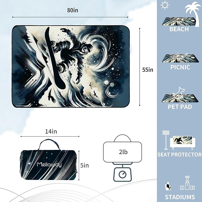 Mellowdy Companion Outdoor Printing Blanket Waterproof, Wind-Resistant, Utility Blanket for Camping, Picnic, Stadium, Beach, Gameday, Travel, Foldable with Carrying Bag(Snowboarder Painting,55x80)