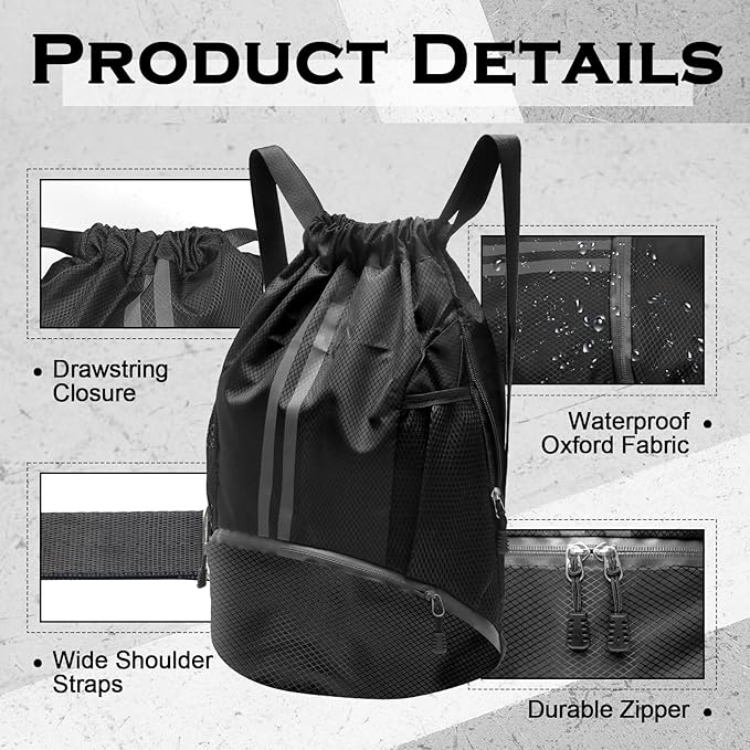 Sports Drawstring Backpack, Gym Bag with Water Bottle Holder Pockets, Shoe Compartment, Waterproof Pocket, Drawstring Bag for Women Men, Black