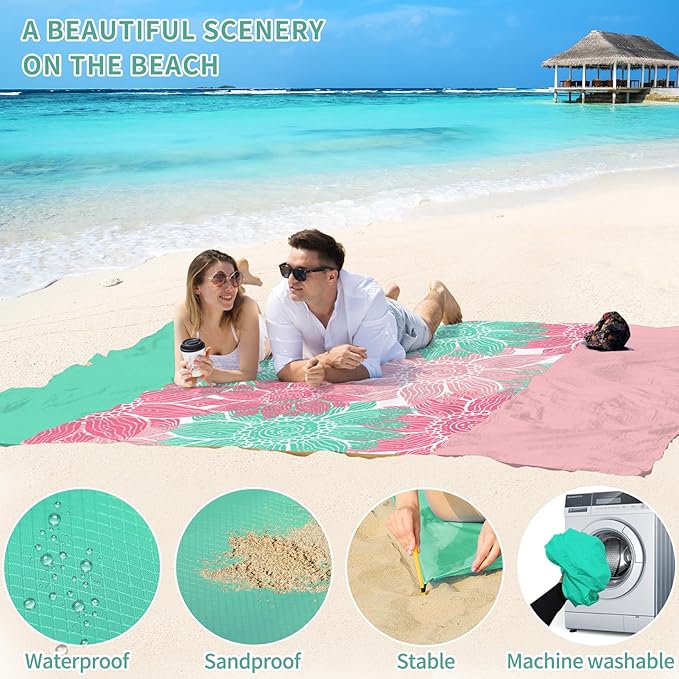 BYDOLL Beach Blanket Sandproof Waterproof 78''×110'' 1-7 Adults Compact Lightweight Oversized Beach Blanket Large Picnic Mat Beach Blanket for Travel Camping Hiking Picnic