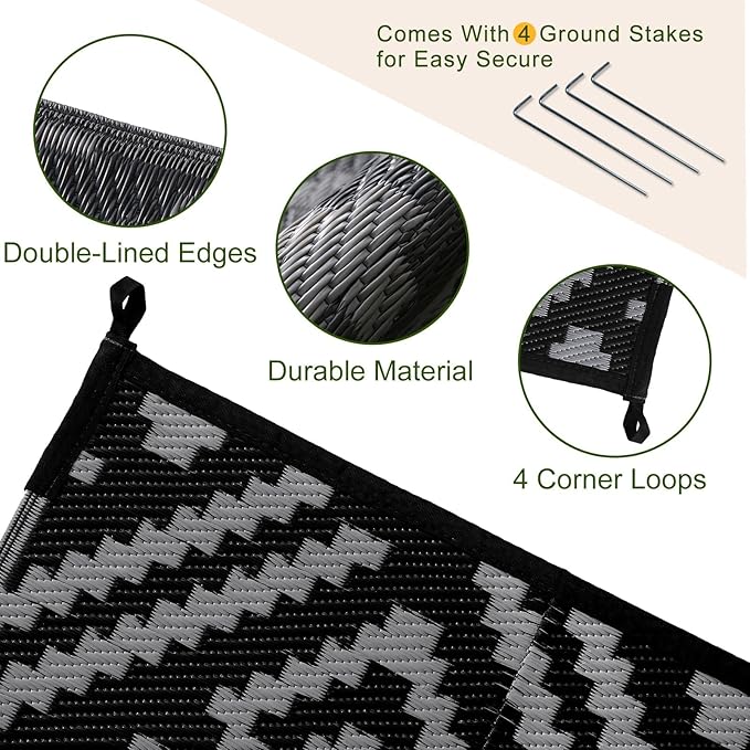 OPPODREAM Outdoor Rug 4x6 Ft, Waterproof Outdoor Plastic Straw Rug for Patio, Reversible Out Door Carpet for Camping, Deck, Rv, 4 x 6 Area Carpet for Balcony, Porch, Backyard, Black and Grey