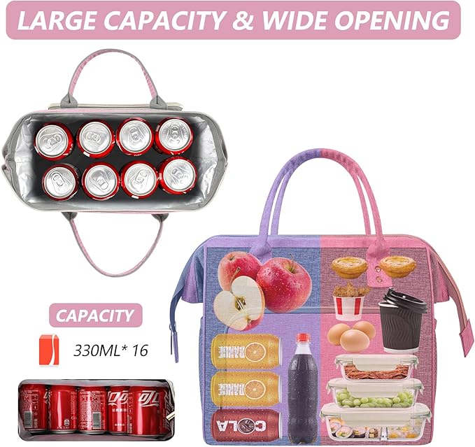 IDEATECH Insulated Lunch Bag, Reusable Lunch Bags for Women, Pink Cute Lunch Cooler Bag, Leak Proof Tote Bag with Adjustable Shoulder Strap for Women Work, Office, Picnic, Beach(Pink)
