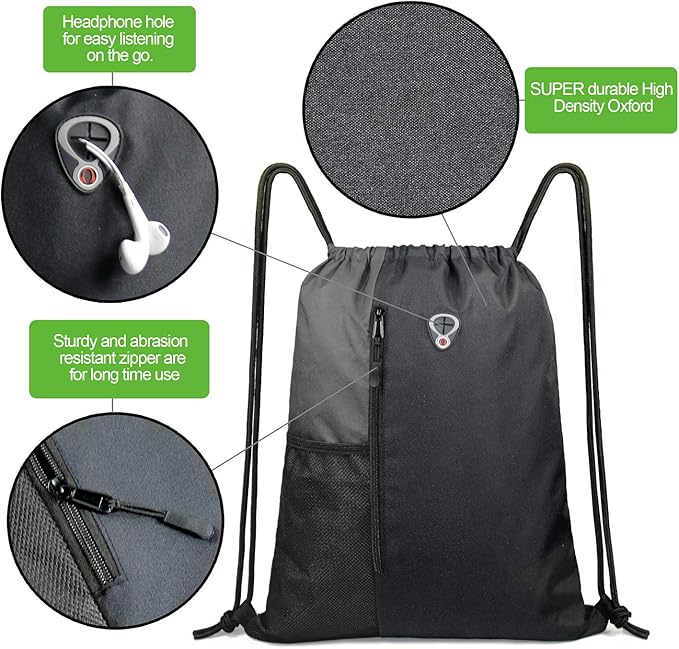 Drawstring Backpack Sports Gym Bag for Women Men Large Size With Two Zipper Pockets and Water Bottle Mesh Pockets
