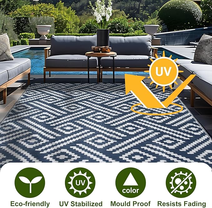 OPPODREAM Outdoor Rug 5x8 Ft, Waterproof Outdoor Plastic Straw Rug for Patio, Reversible Out Door Carpet for Camping, Deck, Rv, 5 x 8 Area Carpet for Balcony, Porch, Backyard, White and Navy Blue