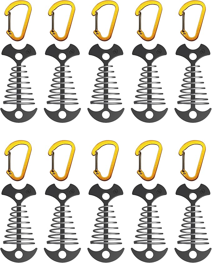 NACETURE Deck Anchors Pegs with Carabiners - Tie Down Anchor Rope Tensioner | Rope Tent Tie Down Stakes Clips, Canopy Tent Anchors Outdoor Camping Tent Accessories 10 Pack (Black)