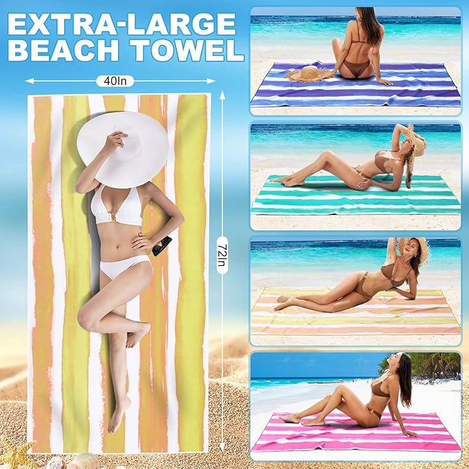 Microfiber Oversized Beach Towel Lightweight Thin Sandproof Compact Quick Dry Clearance Towels Extra Large Sand Free Pool Travel Beach Essentials Accessories Women Men Adult Gift Yellow Stripe