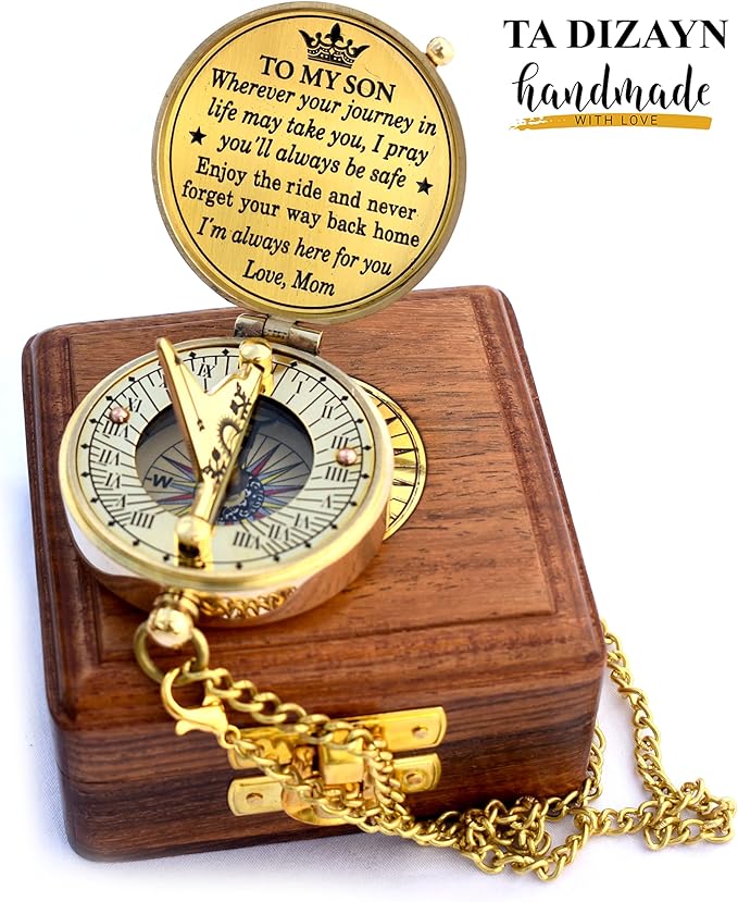 to My Son Compass with Wooden Box-Mom to Son Compass–Father to Son Gifts- to My Grandson -Graduation Day Gifts for Son-Birthday, Baptism, Graduation, Confirmation, Communion Compass for Women Men