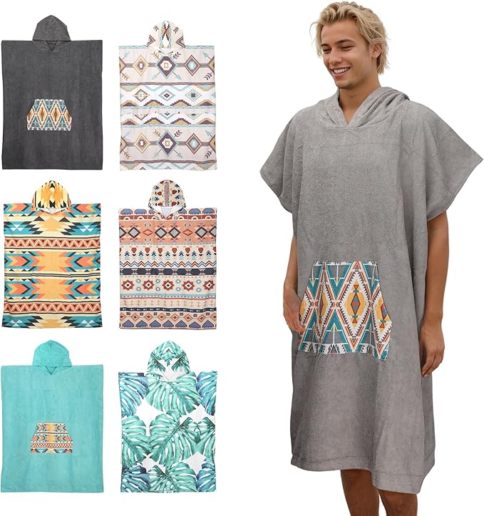 Rainleaf Surf Poncho Changing Towel Quick Dry Pool Swim Beach Towel with Hood and Front Pocket Warm and Soft Microfiber RobeTowel for Women and Men Light Gray Geometric Pocket