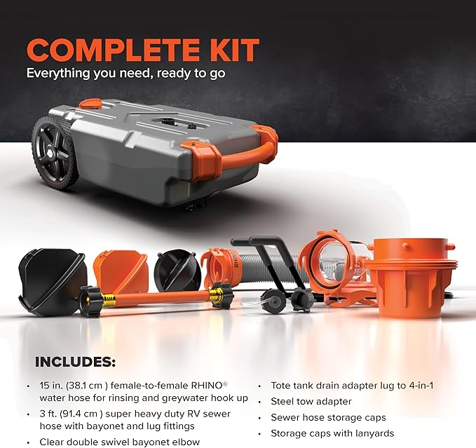 Camco Rhino 15-Gallon Portable RV Tote Tank - Features Large Heavy-Duty No-Flat Wheels & Low Drain Hole - Includes Removable Steel Tow Adapter, 3’ Sewer Hose & More RV Accessories (39000)