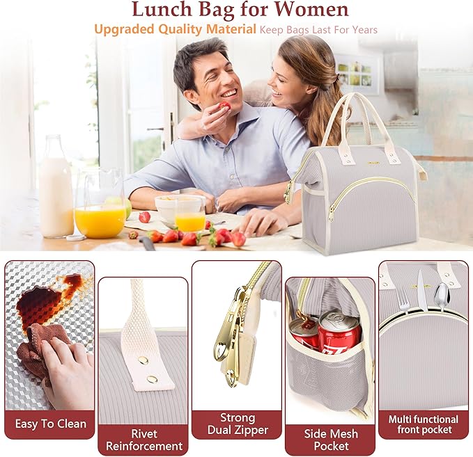 LOKASS Lunch Bag Women Insulated Lunch Box Wide-Open Lunch Tote Bag Large Cooler Bag for Work Picnic Hiking Beach(Light Gray)