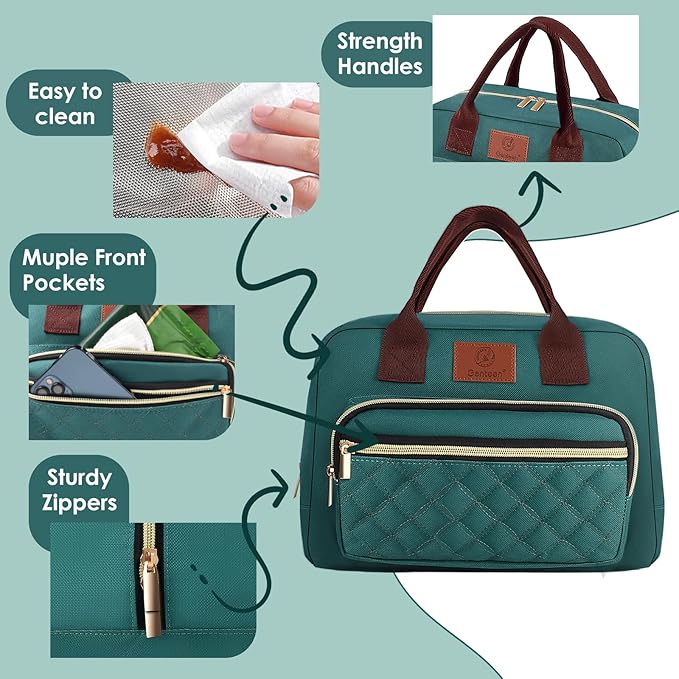 Lunch Bag for Women,Insulated Adult LunchBox for Women,Reusable Cute Lunch Bags for Work,High Capacity Cooler BagTote for Work Girls Office Picnic School-Lake Green