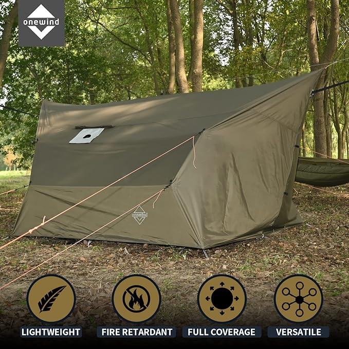 Onewind Penumbra Hot Tent, 14ft Camping Hammock Tarp for 4-Season, Waterpoof and Flame Retardant Hammock Rain Fly with Stove Jack for Winter, Outdoor Camping, OD Green