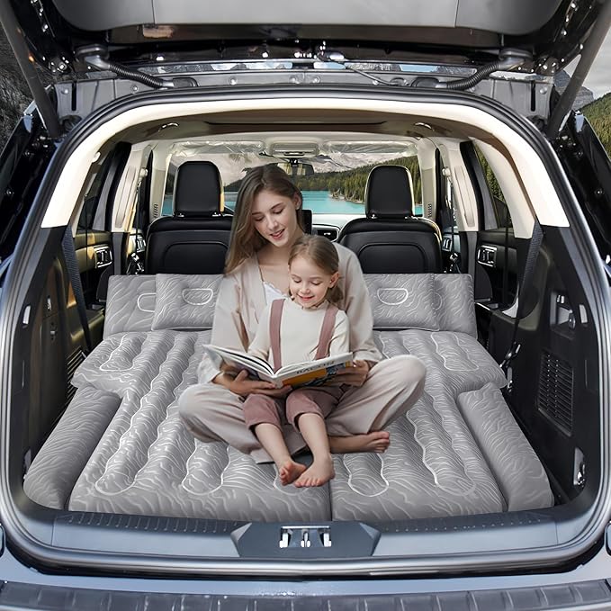 Inflatable SUV Air Mattress: Double-Sided Flocking Car Mattresses for Back SUV, Travel Camping SUV Sleeping Bed Mattress with Air Pump 2 Pillows