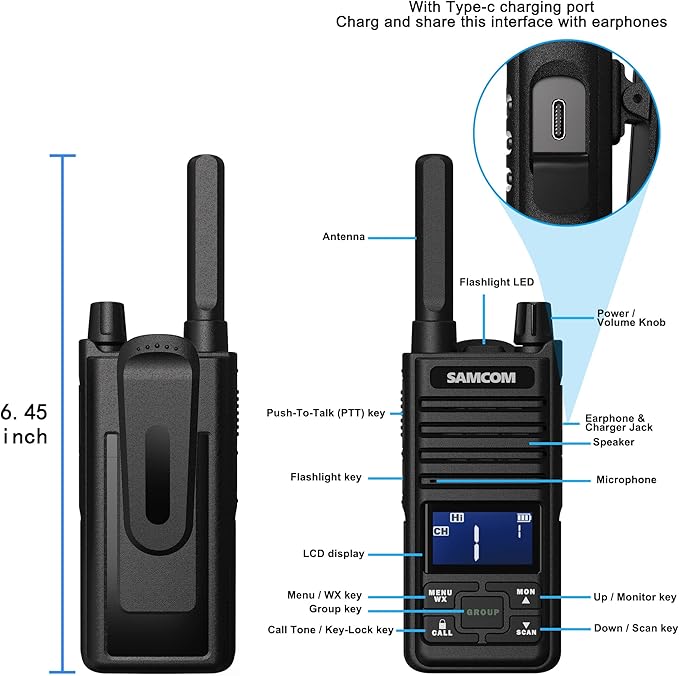 Samcom GMRS Walkie Talkies Long Range, Type-C Rechargeable Two Way Radio with earpiece for Adults, 2-Way Radios Handheld Two-Way Radios with USB Base Charger for Camping (4 Pack, Black)
