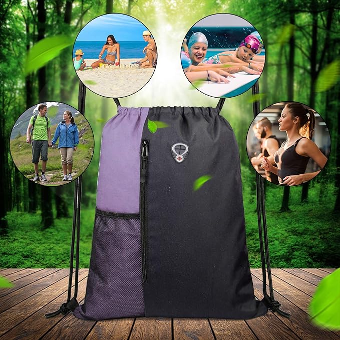 Drawstring Backpack Sports Gym Bag for Women Men Large Size With Two Zipper Pockets and Water Bottle Mesh Pockets
