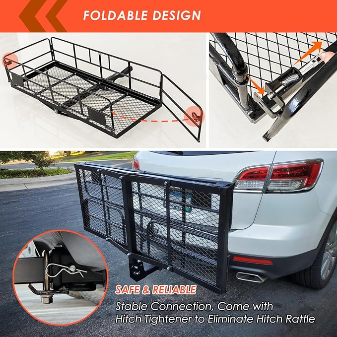 MeeFar High Rail Trailer Folding Hitch Mount Cargo Carrier Basket 60" X 24" X 14"+Waterproof Cargo Bag 20 cu ft(59" 24" 24"), Capacity of 500 Lbs with Hitch Stabilizer, Net, Lock and Straps