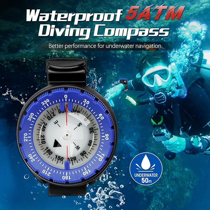 Scuba Compass, Professional Waterproof 5ATM Dive Wrist Compass with TPU Band for Outdoor Sports Diving, Sailing, Hiking, Survival Emergency