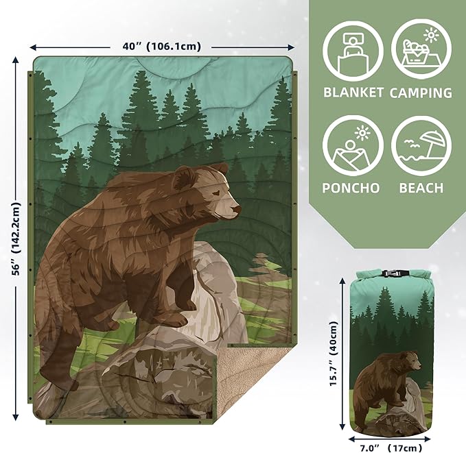 Outdoor Camping Blanket with Sherpa Lining, Extra Warm Thick Camp Blankets & Puffy Ultralight Soft Poncho DWR Camping Quilt for Cold Weather, Adventure,Sleeping,Backpacking 56"x 40"